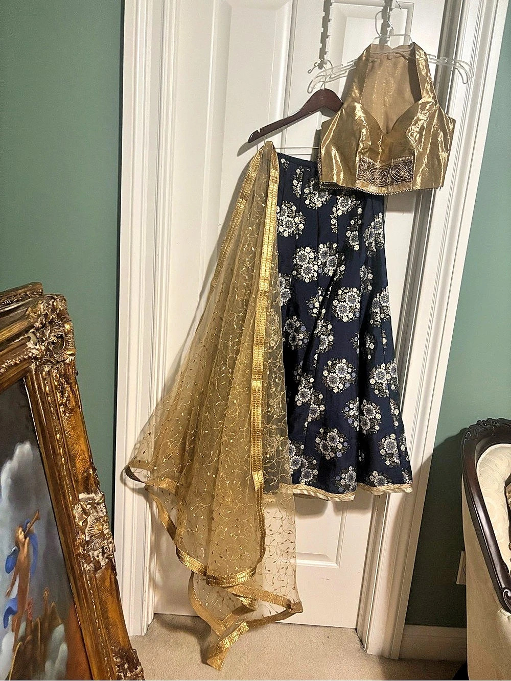 Floral Blue & Gold Wedding Lehenga with halter neck blouse and Dupetta Medium
